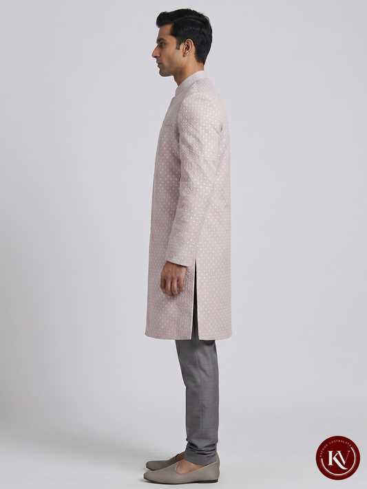 Dusty Pink Self-Design Silk Sherwani with Fabric Buttons -SWS12