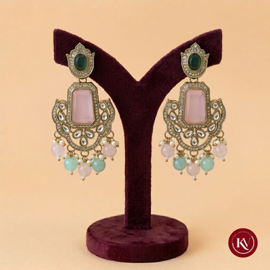 Vintage-Style Mint Green and Pastel Pink Meenakari Statement Earrings
