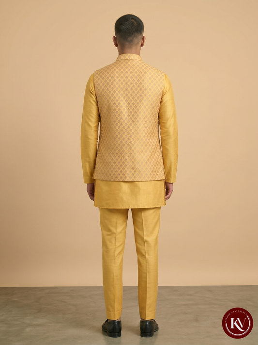 Imperial Mustard Yellow Brocade Nehru Jacket with Filigree Buttons - JKV7