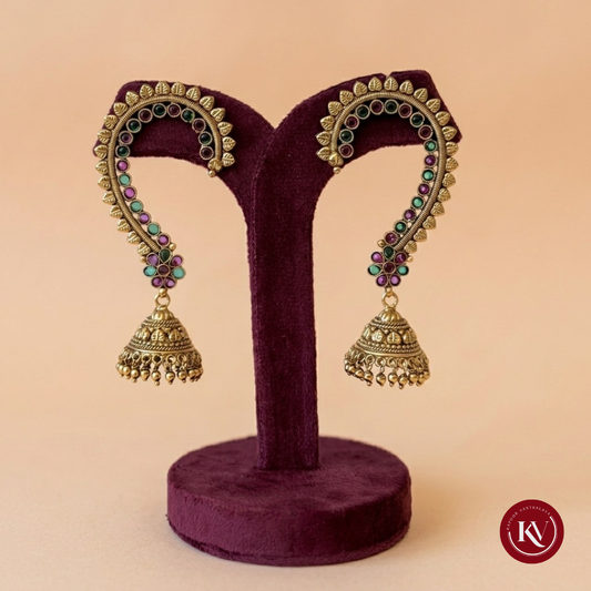 Mayura Antique Gold Ear Cuff Jhumkas with Multi-Color Stones
