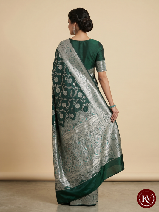 Dark Emerald Green Banarasi Silk Saree with Silver Zari Pall - SKV65