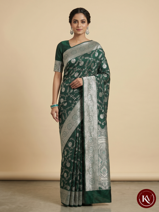 Dark Emerald Green Banarasi Silk Saree with Silver Zari Pall - SKV65