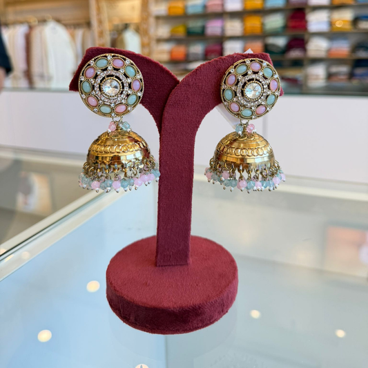Pastel  Multi and Mint Jhumka Earrings with Kundan Accent  - ER6