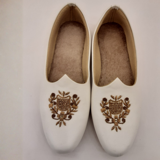 Men's Premium Off-White Velvet Jutti with Hand-Embroidered Gold Crest SHOE099