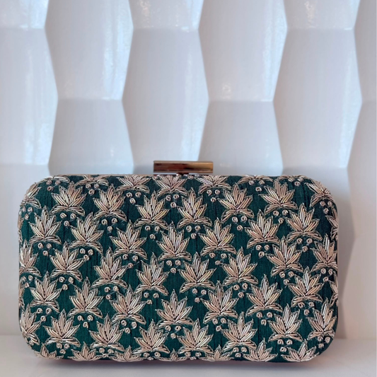 Emerald Green Zardosi Leaf Hand-Embroidered Box Clutch