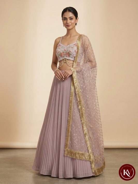 Mauve Georgette Pleated Lehenga with Intricately Embroidered Strappy Blouse- SKT4