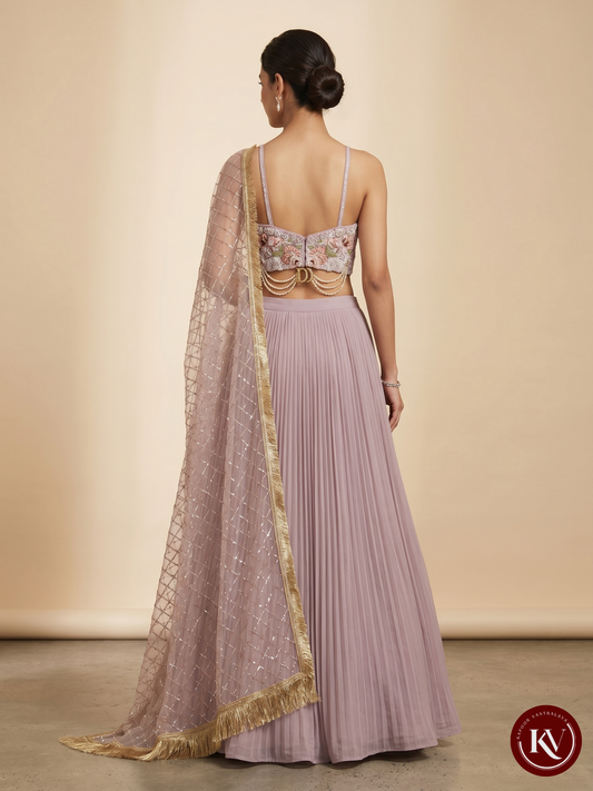 Mauve Georgette Pleated Lehenga with Intricately Embroidered Strappy Blouse- SKT4