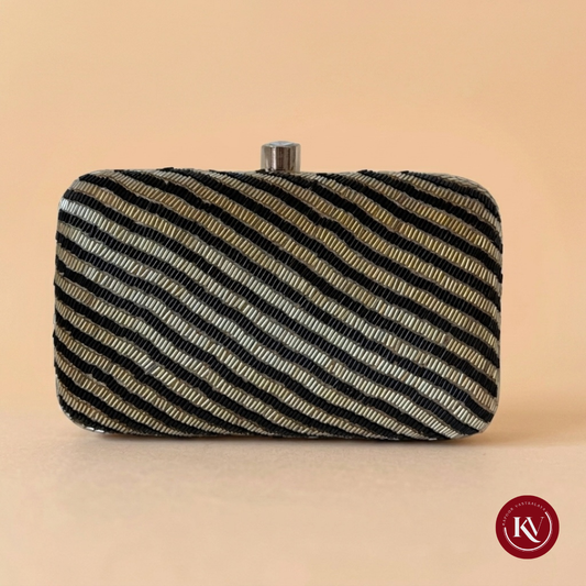 Nisha Gold & Black Diagonal Beaded Box Clutch with Crystal Clasp