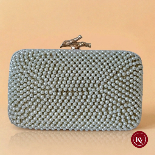 Aura Full Pearl Hard-Case Box Clutch with Organic Gold Clasp