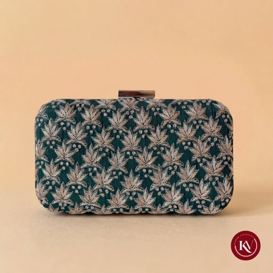 Emerald Green Zardosi Leaf Hand-Embroidered Box Clutch