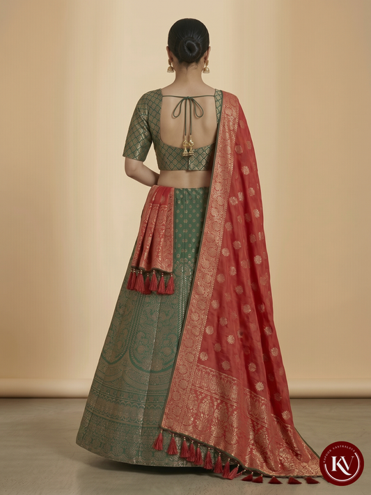 Emerald Green Banarasi Brocade Lehenga Set with Crimson Silk Dupatta - LEHENGA121