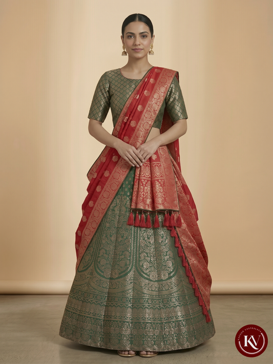 Emerald Green Banarasi Brocade Lehenga Set with Crimson Silk Dupatta - LEHENGA121