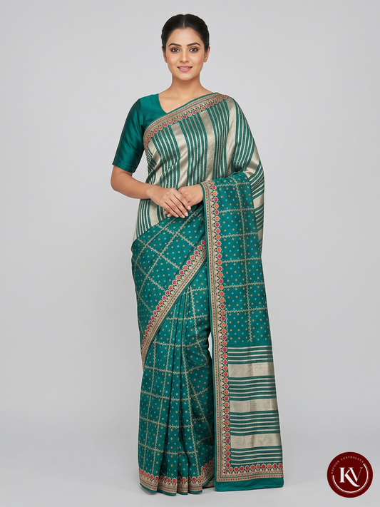 Deep Teal Green Bandhani Silk Saree with Zari Striped Pallu - SKV151