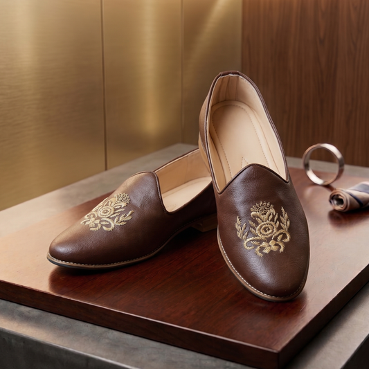 Men's Crest Embroidered Brown Leather Loafers – Royal Slip-Ons SHOE108