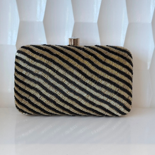 Nisha Gold & Black Diagonal Beaded Box Clutch with Crystal Clasp