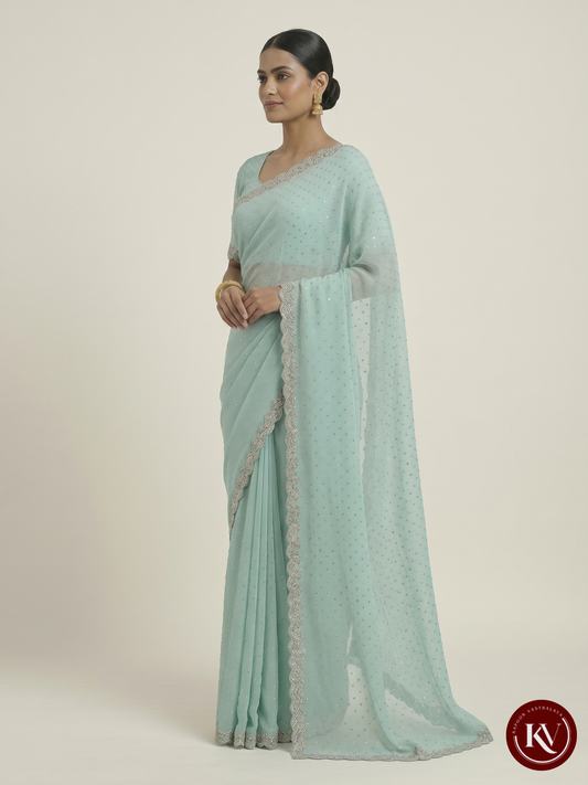 Sea Green Georgette Saree with Ornate Silver Scalloped Cutwork Border - SKV147