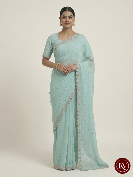 Sea Green Georgette Saree with Ornate Silver Scalloped Cutwork Border - SKV147