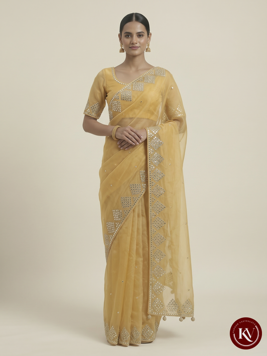 Canary Yellow Organza Saree with Ornate Mirror-Work Border - SKV167