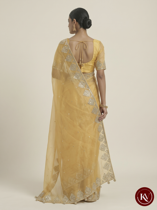 Canary Yellow Organza Saree with Ornate Mirror-Work Border - SKV167