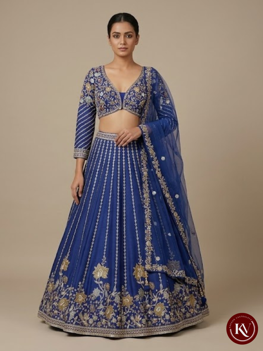 Royal Blue Raw Silk Panel Lehenga with Gold Floral Zari Hem
