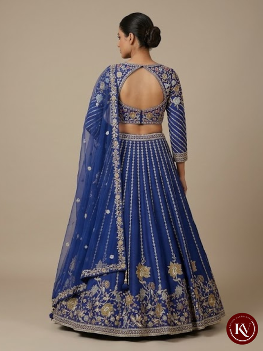 Royal Blue Raw Silk Panel Lehenga with Gold Floral Zari Hem