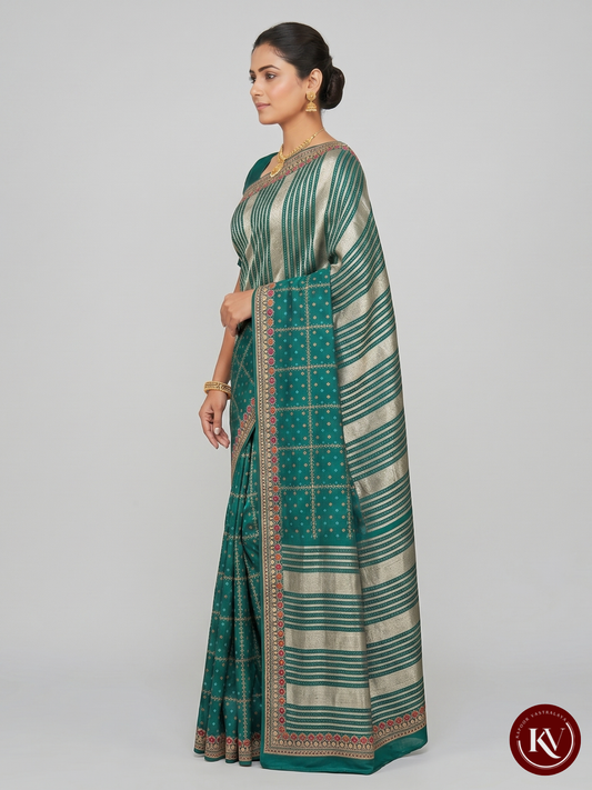 Deep Teal Green Bandhani Silk Saree with Zari Striped Pallu - SKV151
