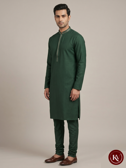 Forest Green Silk-Blend Kurta with Linear Embroidered Detail - KKV265