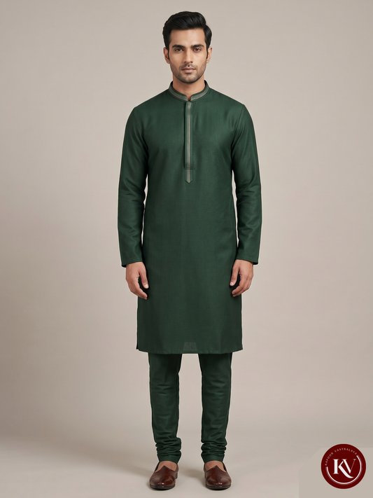 Forest Green Silk-Blend Kurta with Linear Embroidered Detail - KKV265