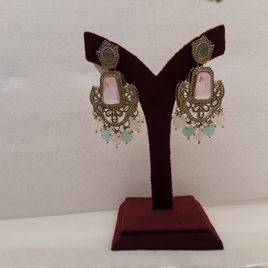 Vintage-Style Mint Green and Pastel Pink Meenakari Statement Earrings