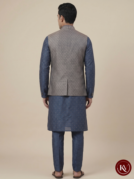 Imperial Navy Blue and Gold Brocade Nehru Jacket with Enamel Buttons- JKV28