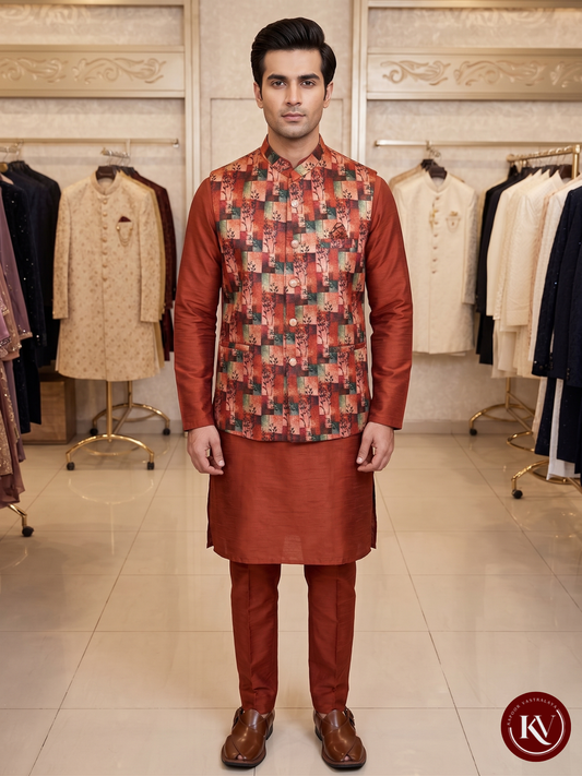 Rust Abstract Multi-Color Nehru Jacket with Botanical Print - JKV21
