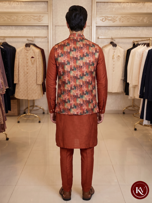 Rust Abstract Multi-Color Nehru Jacket with Botanical Print - JKV21
