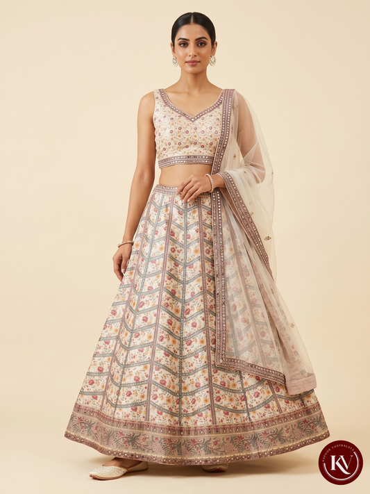 Ivory Floral-Print Georgette Lehenga with Ornate Mirror-Work Choli - SKT1