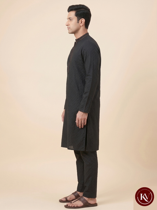 Men’s Jet Black Corded Kurta – Contrast Stitch & Ornate Silver Button - KKV265