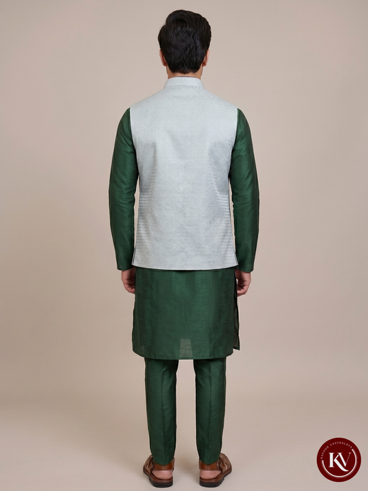 Ice Blue Jacquard Nehru Jacket with Filigree Engraved Buttons- JKV10