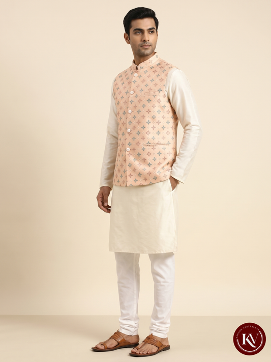 Blush Pink Silk-Blend Woven Bundi with Geometric Cross Motif - JKV42