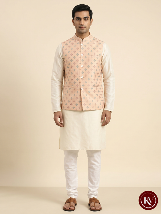 Blush Pink Silk-Blend Woven Bundi with Geometric Cross Motif - JKV42