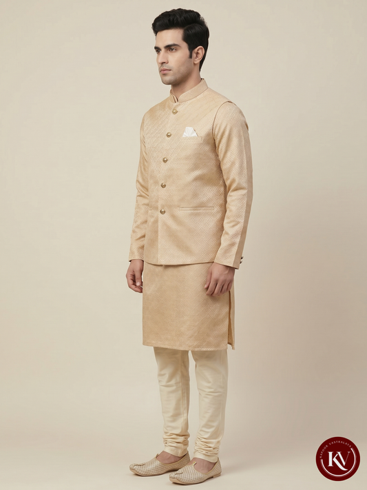 Men’s Mustard Gold Geometric Jacquard Nehru Jacket – Festive Waistcoat - JKV9