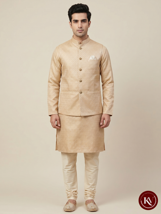 Men’s Mustard Gold Geometric Jacquard Nehru Jacket – Festive Waistcoat - JKV9