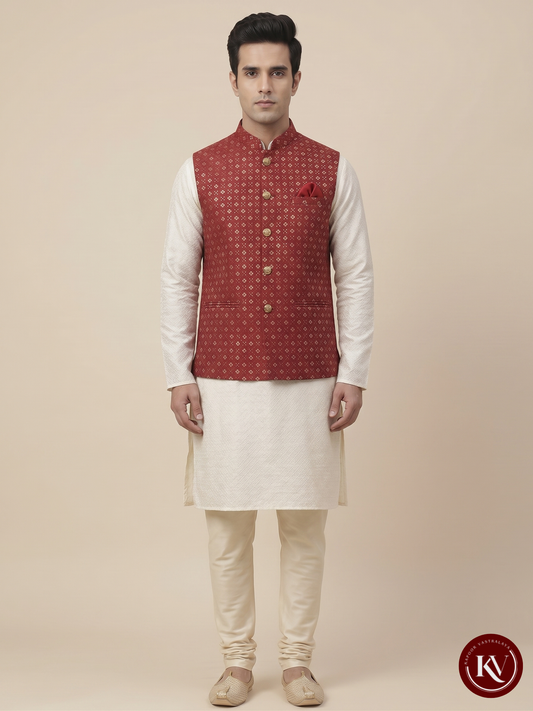 Men’s Crimson Red Geometric Sequin Nehru Jacket – Festive Evening Waistcoat - JACKET252