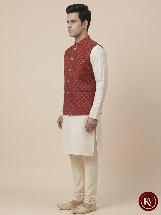 Men’s Crimson Red Geometric Sequin Nehru Jacket – Festive Evening Waistcoat - JACKET252