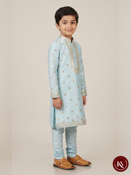 Boys' Ice Blue Silk-Blend Kurta with Geometric Sequin Triangles- CKV17