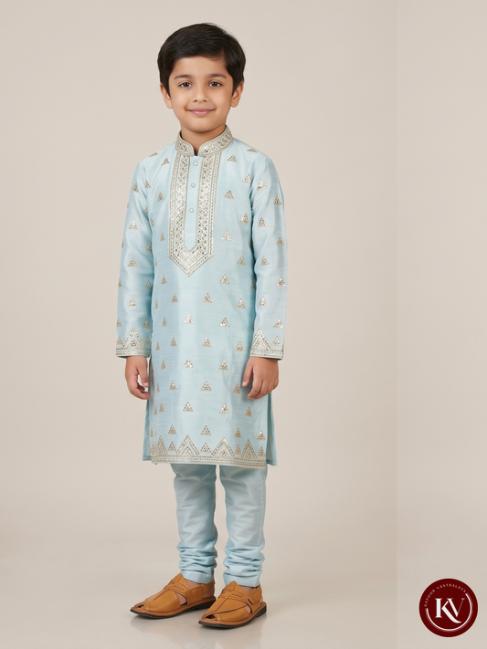 Boys' Ice Blue Silk-Blend Kurta with Geometric Sequin Triangles- CKV17
