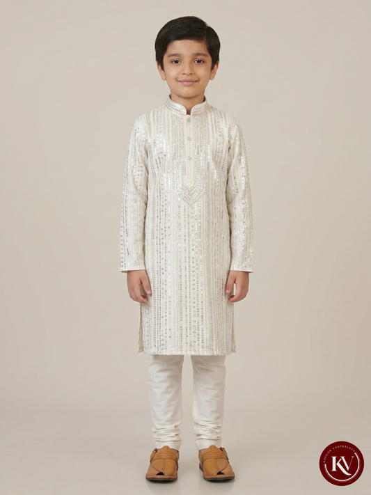 Kids Ivory White Georgette Kurta with Allover Silver Sequin Embroidery - CKV16