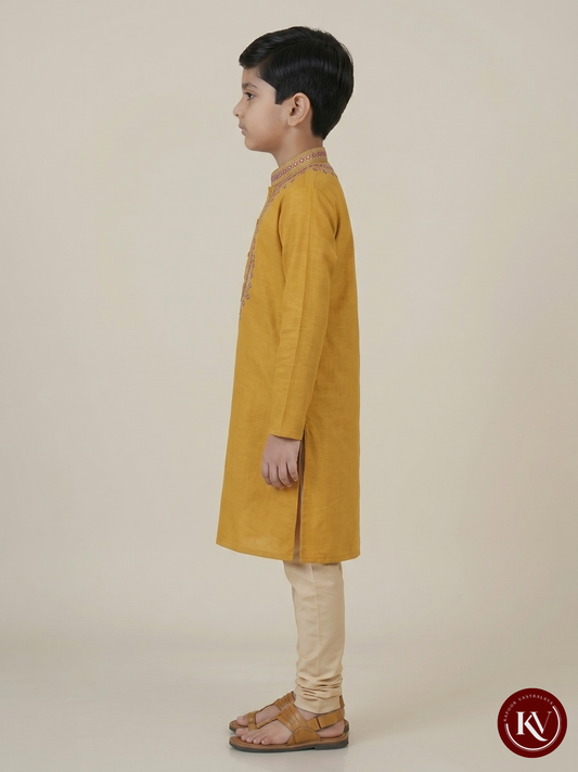 Kids's Mustard Yellow Cotton Kurta with Magenta Embroidered Placket- CKV36