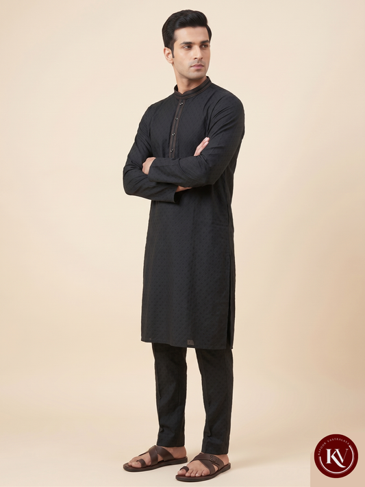 Men’s Jet Black Corded Kurta – Contrast Stitch & Ornate Silver Button - KKV265