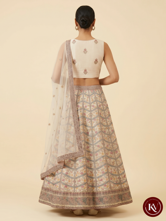 Ivory Floral-Print Georgette Lehenga with Ornate Mirror-Work Choli - SKT1