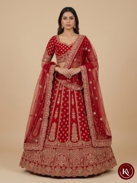 Crimson Red Silk Bridal Lehenga Set with Heavy Zardozi and Scalloped Border - SKT52