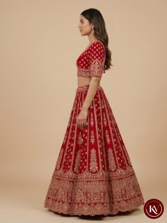 Crimson Red Silk Bridal Lehenga Set with Heavy Zardozi and Scalloped Border - SKT52