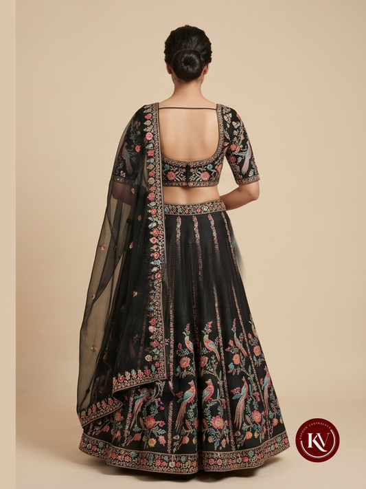 Midnight Black Raw Silk Lehenga Set with Vibrant Bird and Floral Hand-Embroidery -D. No. - 782